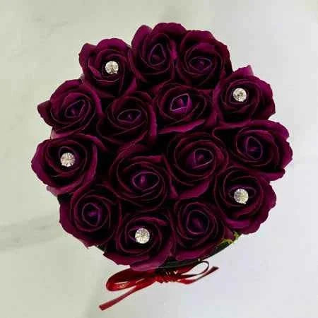 Exquisite Floral Arrangement: Handmade Soap Roses in Black Velvet Box