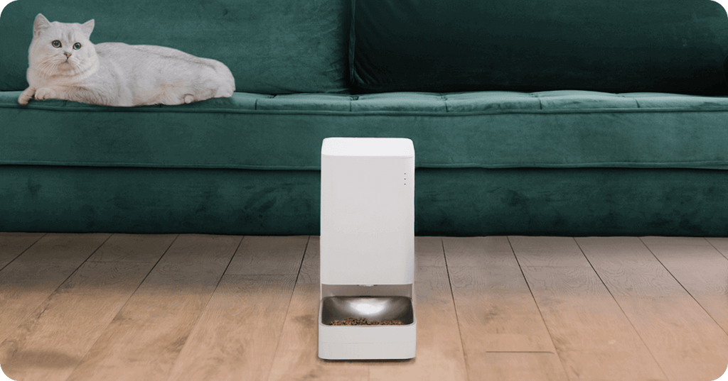 Xiaomi Smart Pet Feeder with app control beside a relaxed cat on a couch, offering automatic feeding convenience.